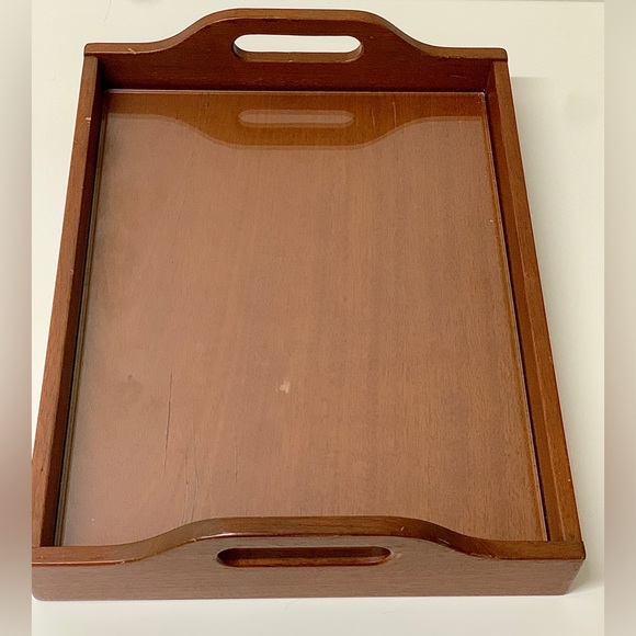Mid Century Vintage Handled Glass Surface Dovetail Jointed Hardwood Tray - Picture 16 of 16